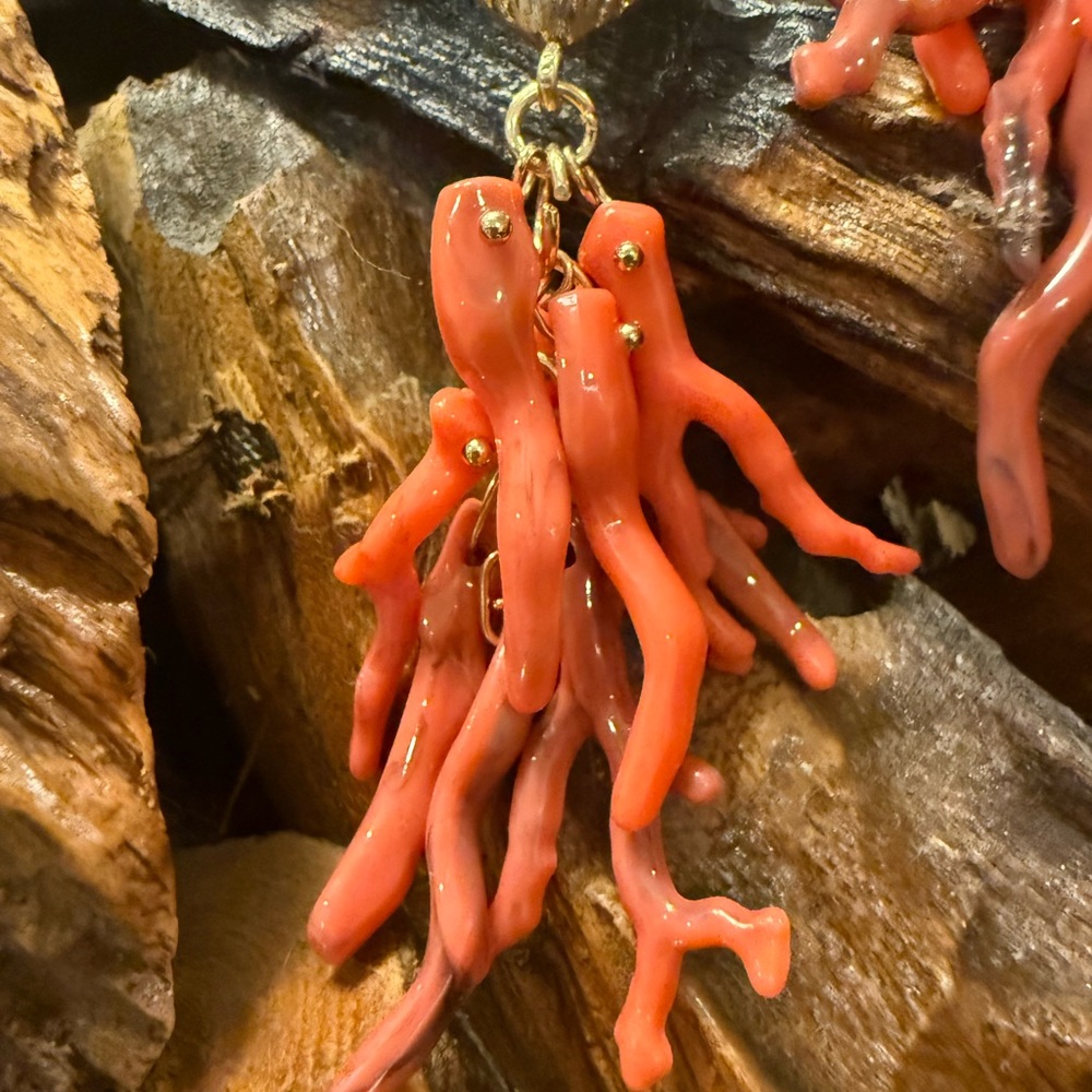 Coral Branch Earrings with Gold Shell Accent - Picture 2 of 3